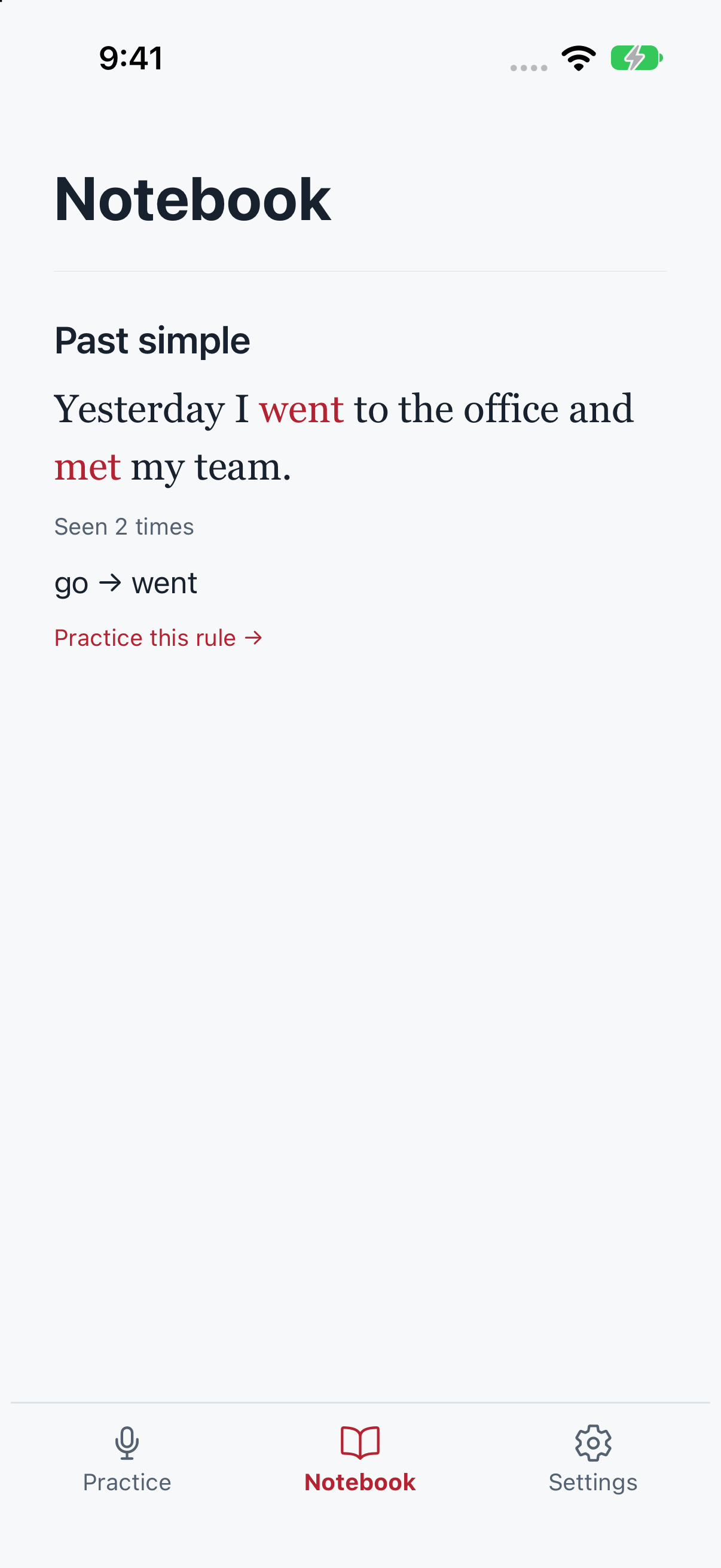 Redpen Notebook grouping saved mistakes by grammar rule.
